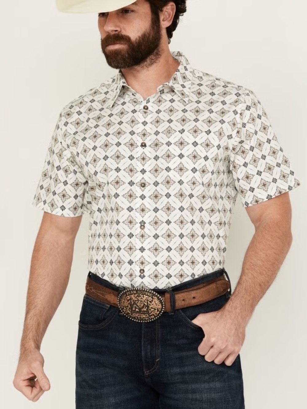 Gibson White Short-Sleeve Button-Down with Geometric Print